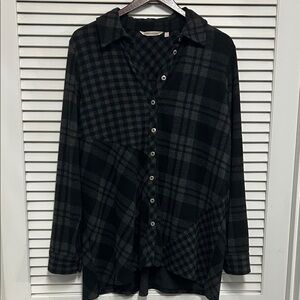 Soft Surroundings Black&Gray Mixed Plaid Long Sleeve Button Front Shirt Top